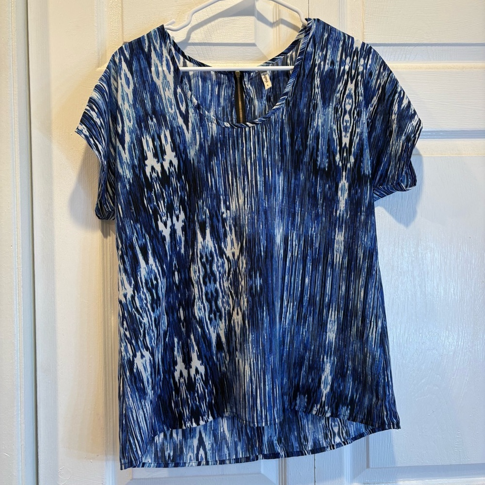 Japna Blue & Black Short Sleeve Blouse - Size Large